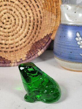 Vintage Green Glass Frog Figurine Lucky Little Frog 2" Tall